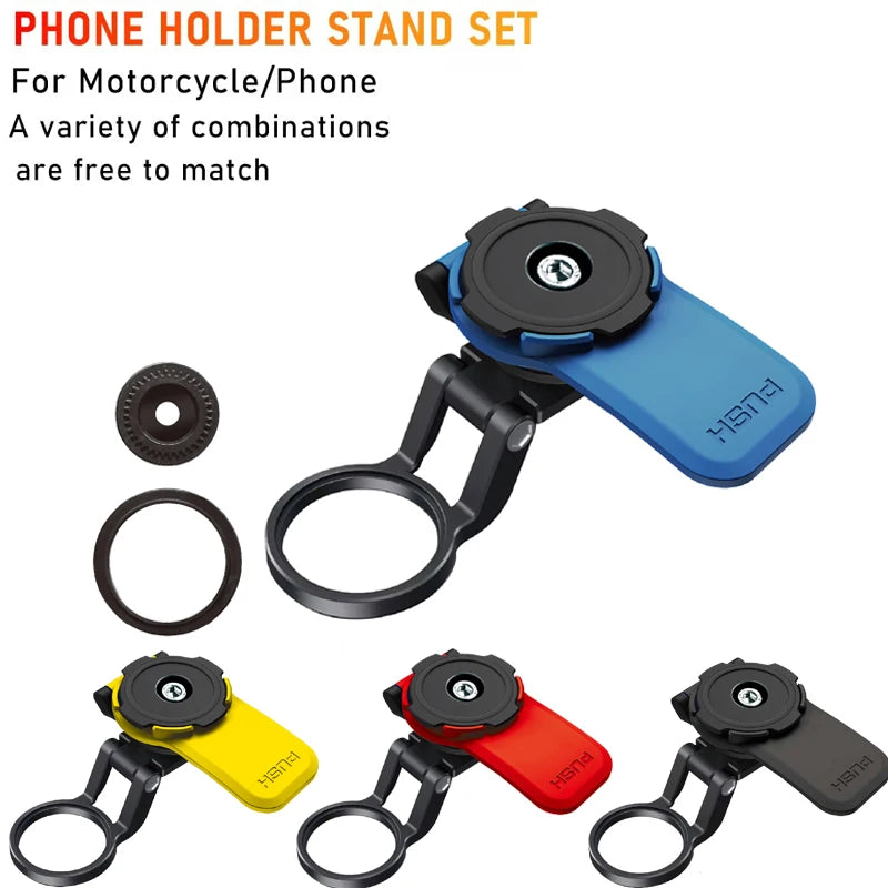 A set of black and blue phone holder stands for motorcycles, including various mounting combinations.