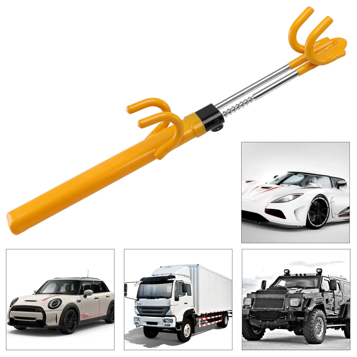 A yellow heavy duty adjustable steering wheel lock tool with a long shaft and curved jaws is shown alongside various vehicles