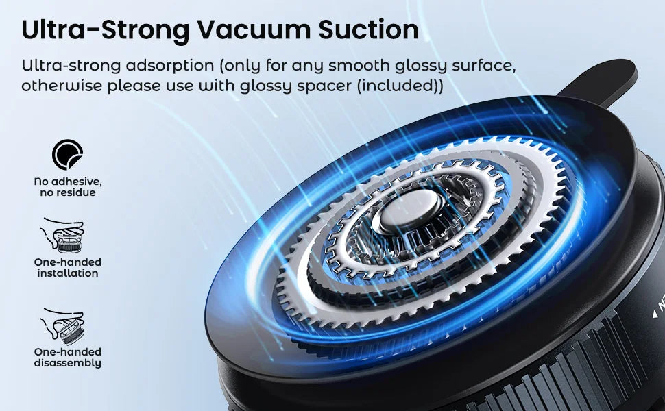 Close-up view of a black magnetic phone holder with a textured surface and blue light effects.