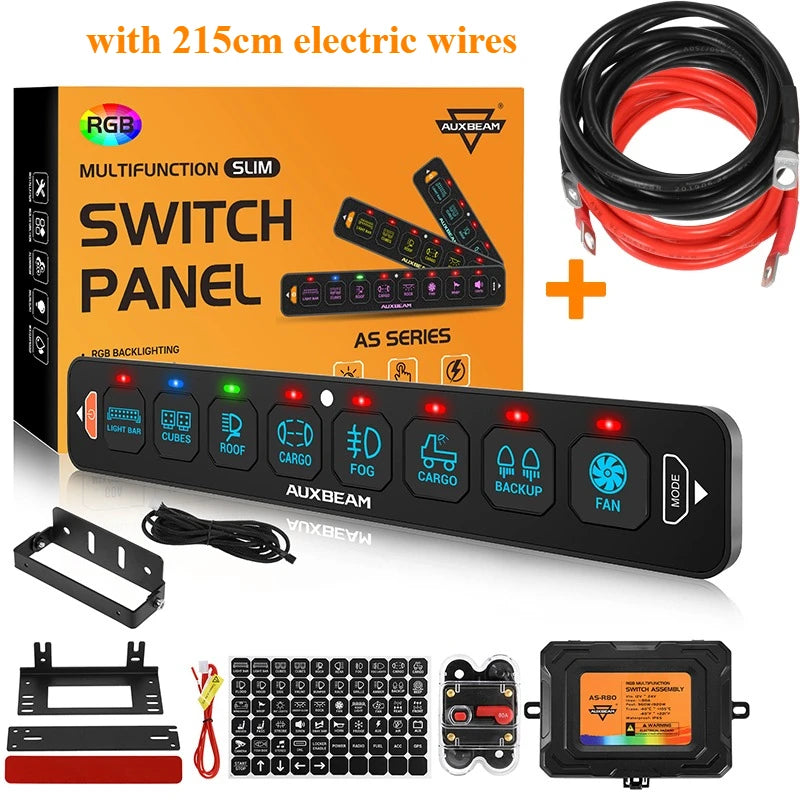 An RGB slim switch panel with multiple functions and an accompanying wireless remote control.