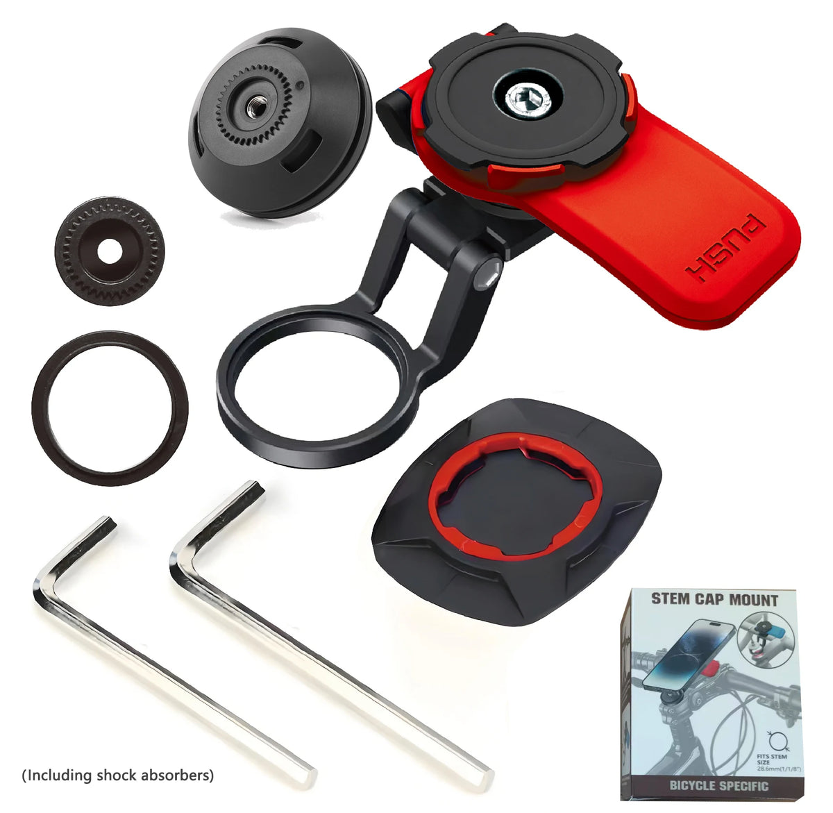 A set of universal motorcycle phone mounts including a clamp, suction cup, and stem cap mount.