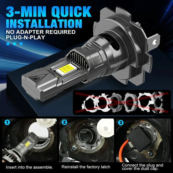 A black LED car headlight bulb assembly with a plug-n-play design and installation instructions.