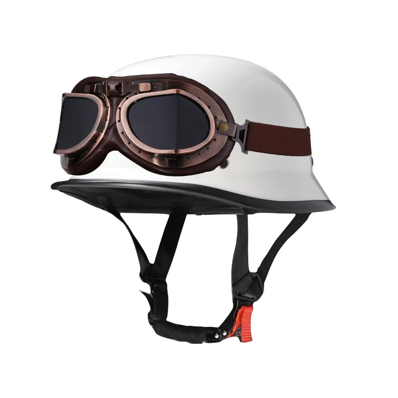 White half-helmet with brown goggles and black strap safety harness for motorcycle or EV use