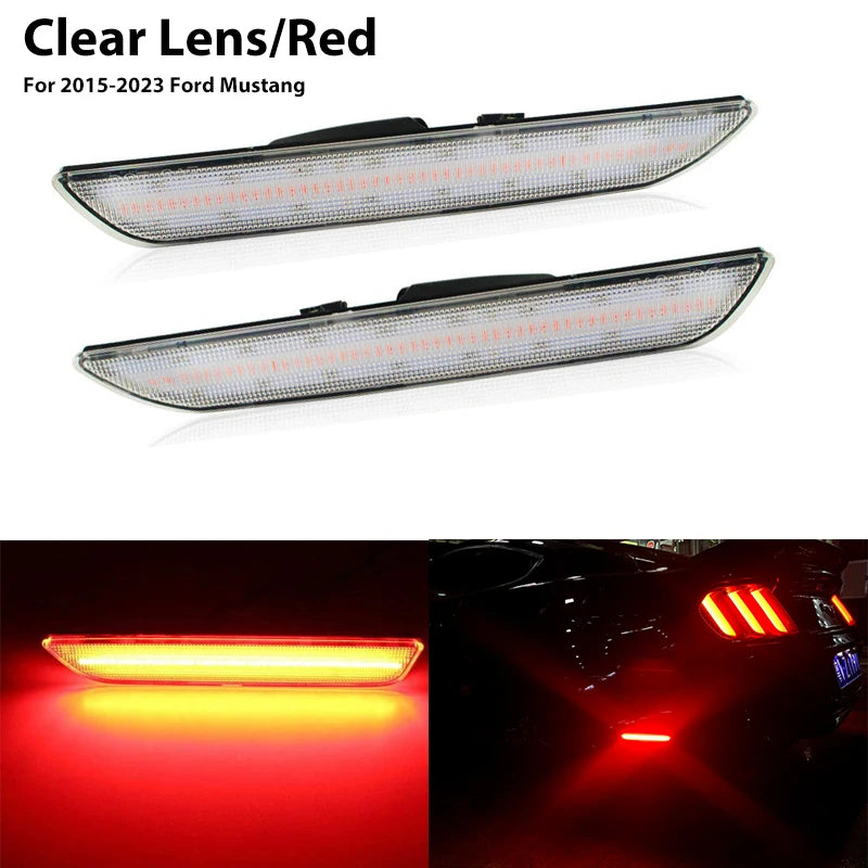 Paar durchsichtige rote LED-Seitenmarkierungsleuchten für einen Ford Mustang (2015-2023).