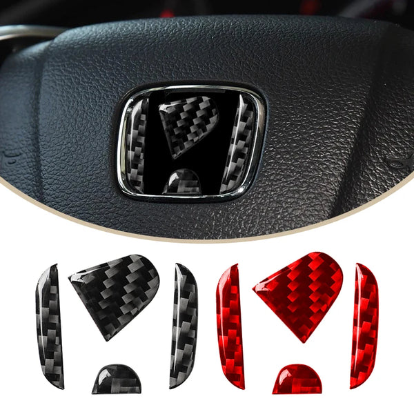 Set of carbon fiber steering wheel decals in various shapes and finishes
