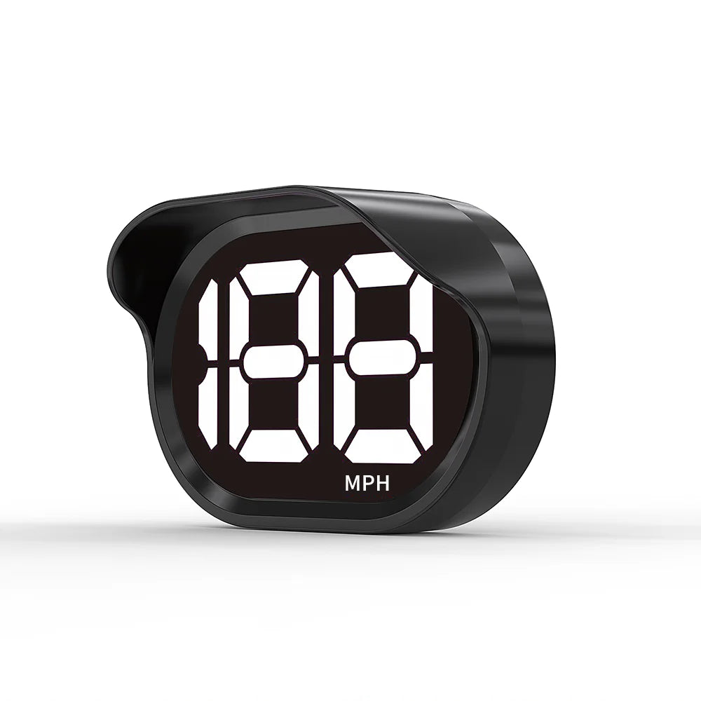 Compteur numérique noir avec l'indication MPH visible à l'avant.