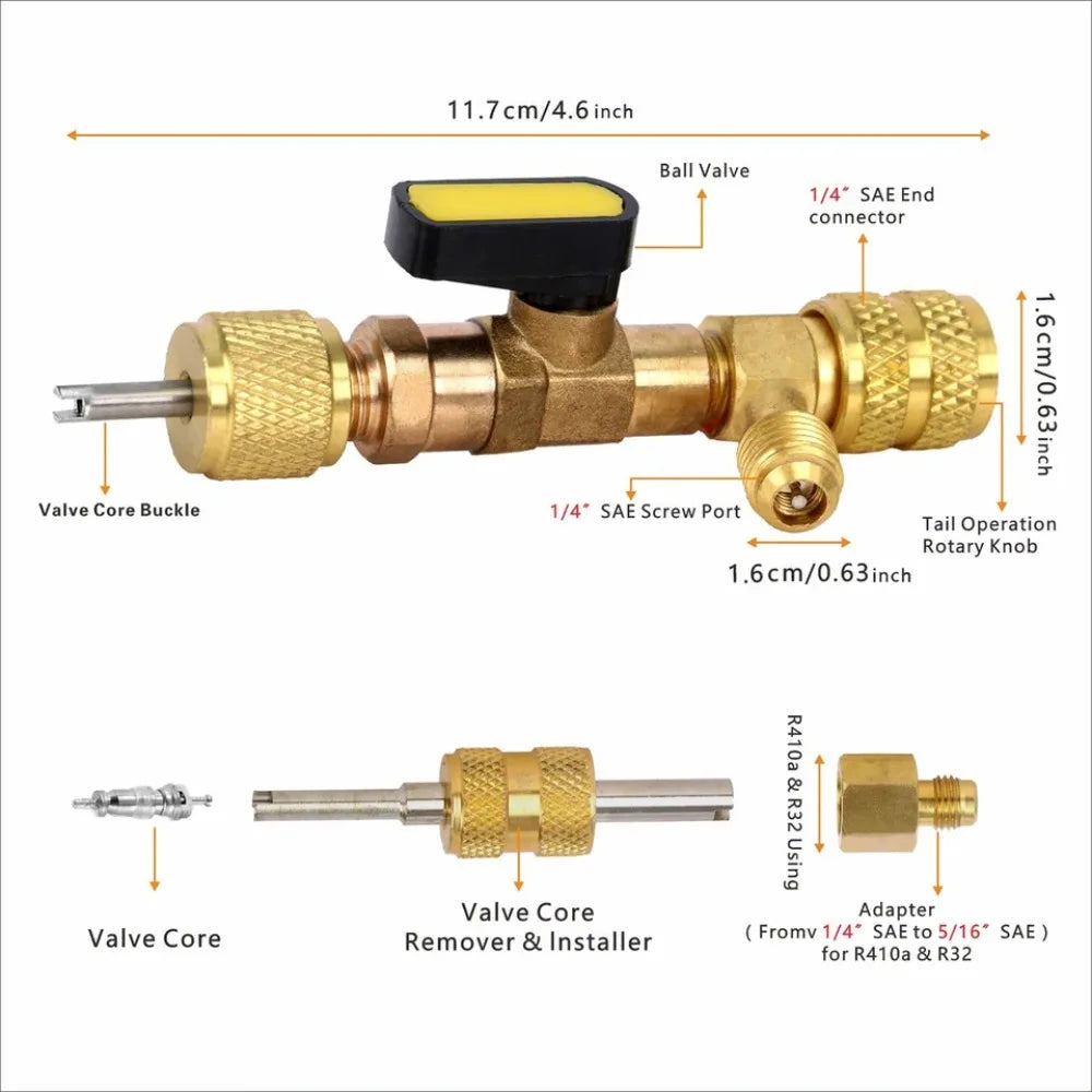 Kit de herramientas mostrando un núcleo de válvula y un adaptador para quitar e instalar válvulas de HVAC.