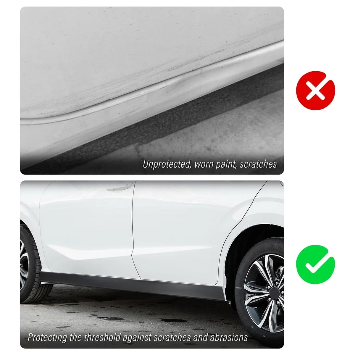 A white car side protection strip is shown protecting the threshold against scratches and abrasions.