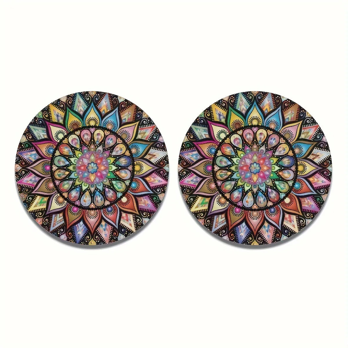 A set of colorful mandala silicone coasters with intricate floral patterns.