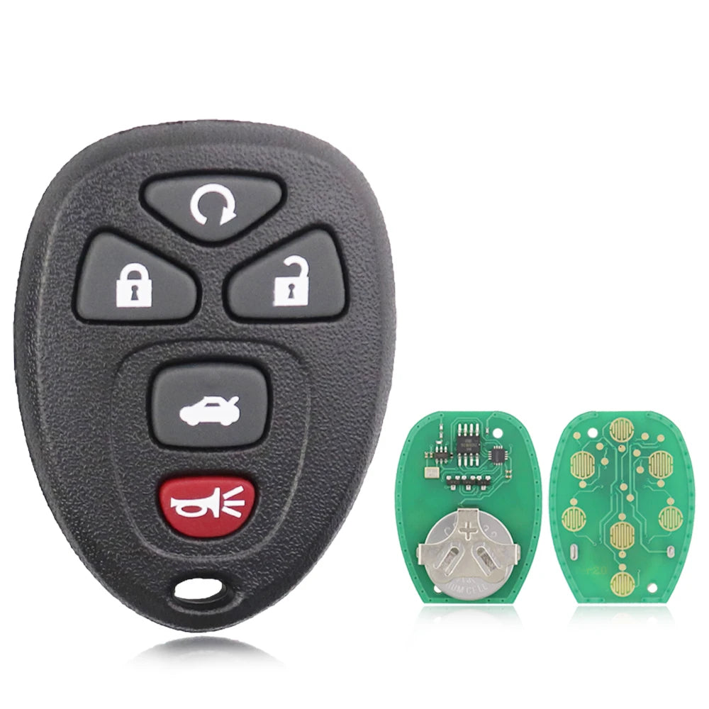 A black universal remote car key for Chevrolet, Buick, Cadillac, and GMC vehicles with separate circuit boards.