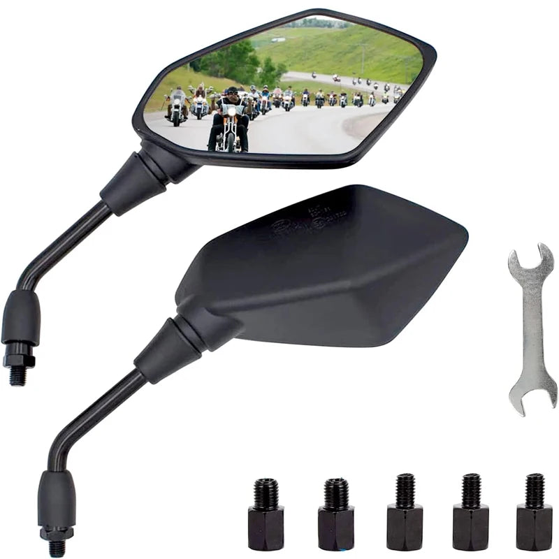 A black high-visibility motorcycle rearview mirror with a mounted display and adjustable arm.