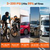 Digital tire pressure gauge showing PSI readings for various vehicles like bikes, motorcycles, sedans, and trucks.