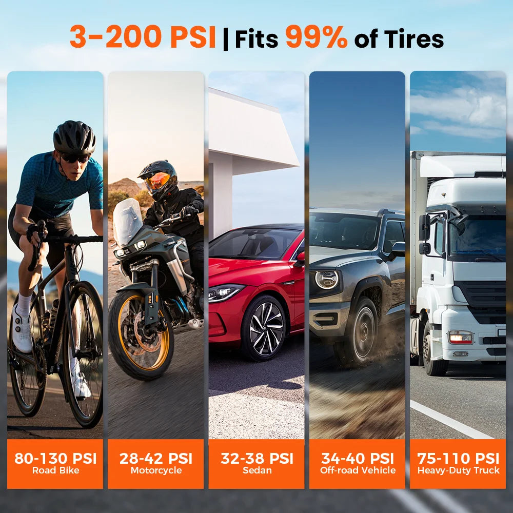 Digital tire pressure gauge showing PSI readings for various vehicles like bikes, motorcycles, sedans, and trucks.