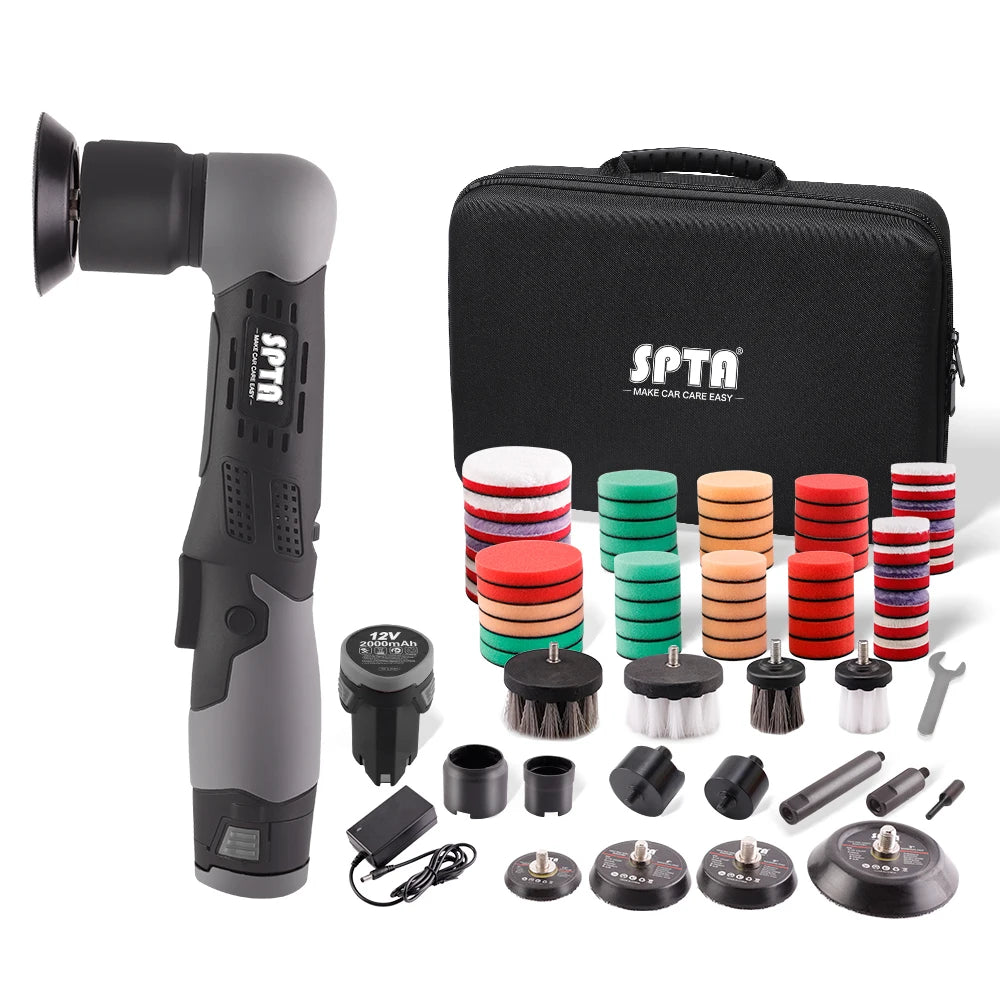 A black cordless mini car detail polisher and various accessories are shown on a white background.