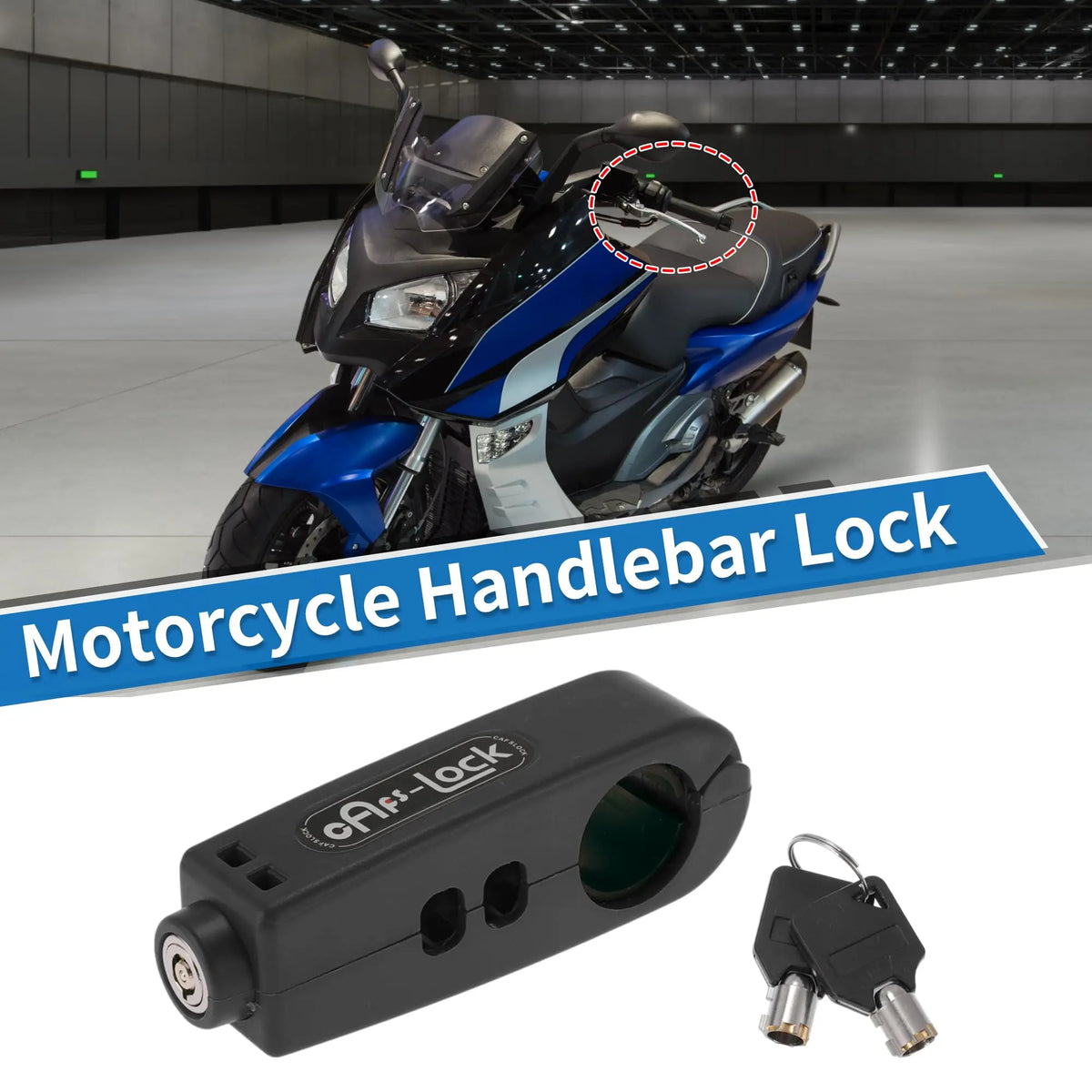 A black motorcycle handlebar lock and key shown next to a blue and black motorcycle.