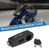 A black motorcycle handlebar lock and key shown next to a blue and black motorcycle.