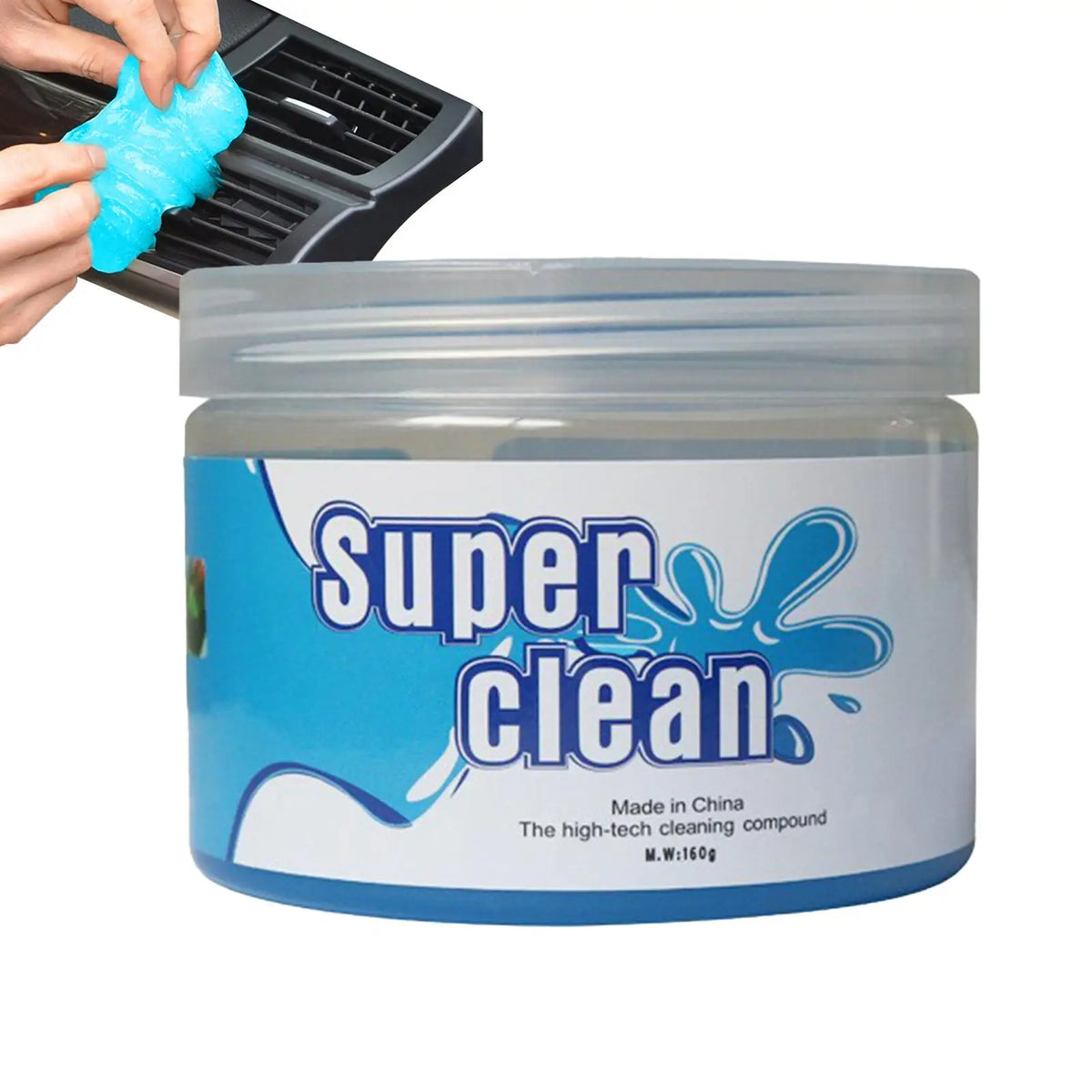 A jar of Super Clean cleaning compound with a hand applying the gel to a dark surface.