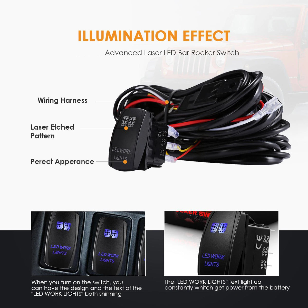 Advanced Laser LED Bar Rocker Switch wiring harness for illumination effect