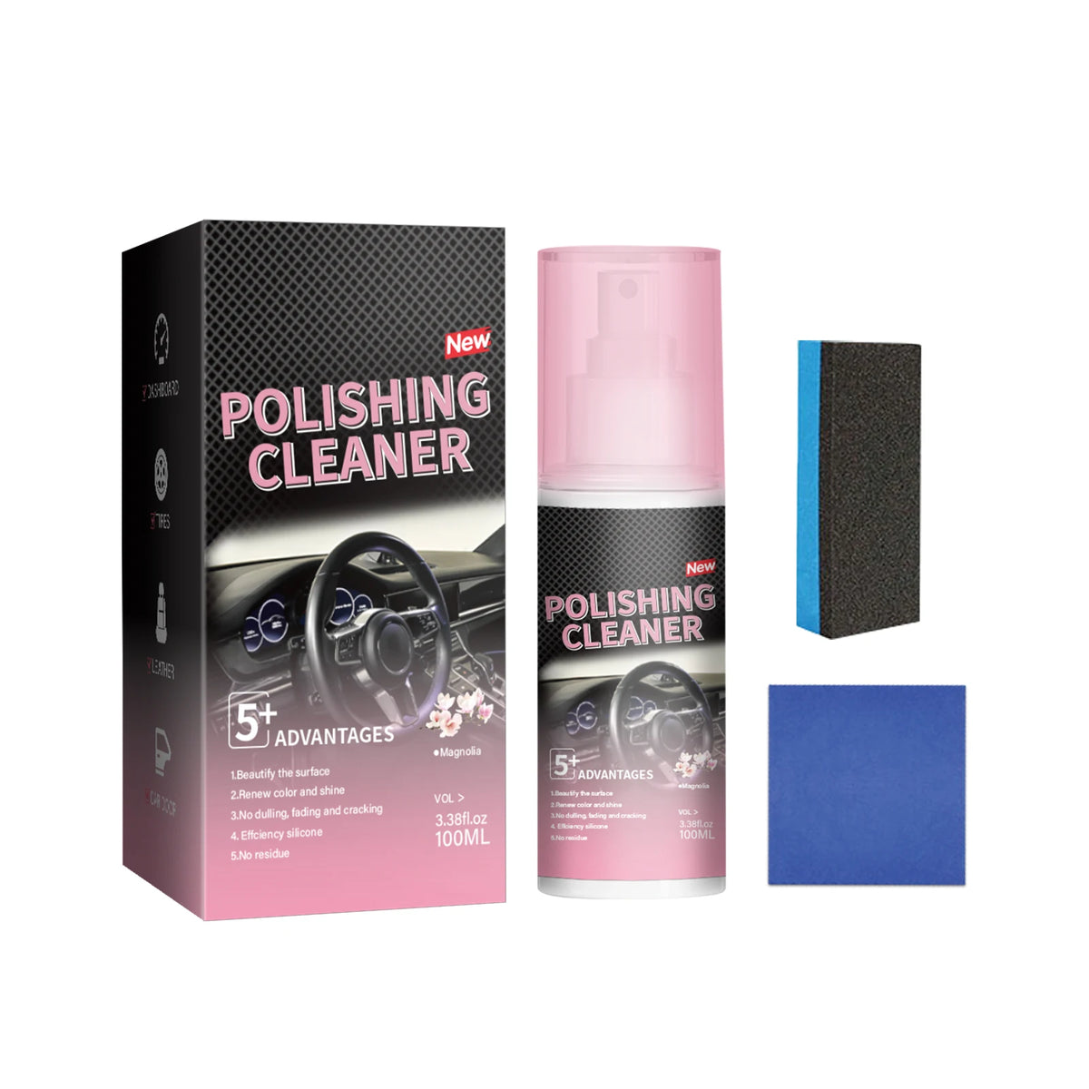 Eine Flasche Politurreiniger mit pinker Flüssigkeit und schwarzem Deckel neben der Verpackungsbox.