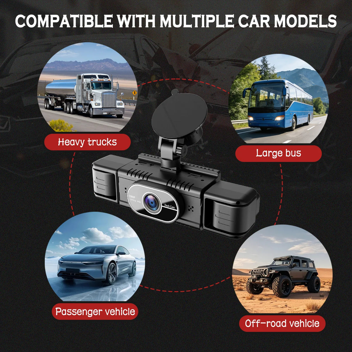 A 4-lens 360 degree dashcam is shown with various vehicle types including heavy trucks, a large bus, a passenger vehicle, and