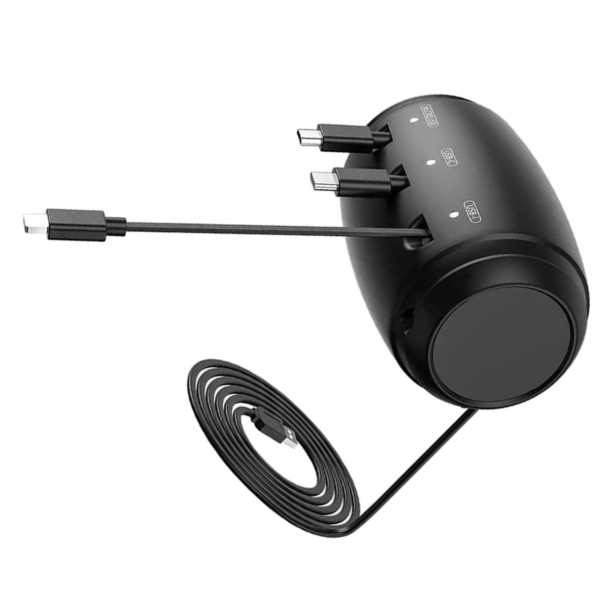 Black retractable car headrest charging cable with multiple charging ports.