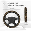 Leopard cheetah print steering wheel cover shown with measurements and a separate view of the product.