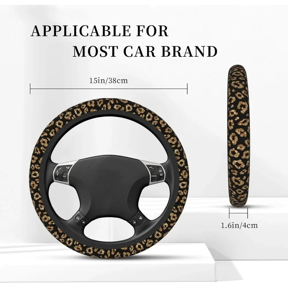 Leopard cheetah print steering wheel cover shown with measurements and a separate view of the product.