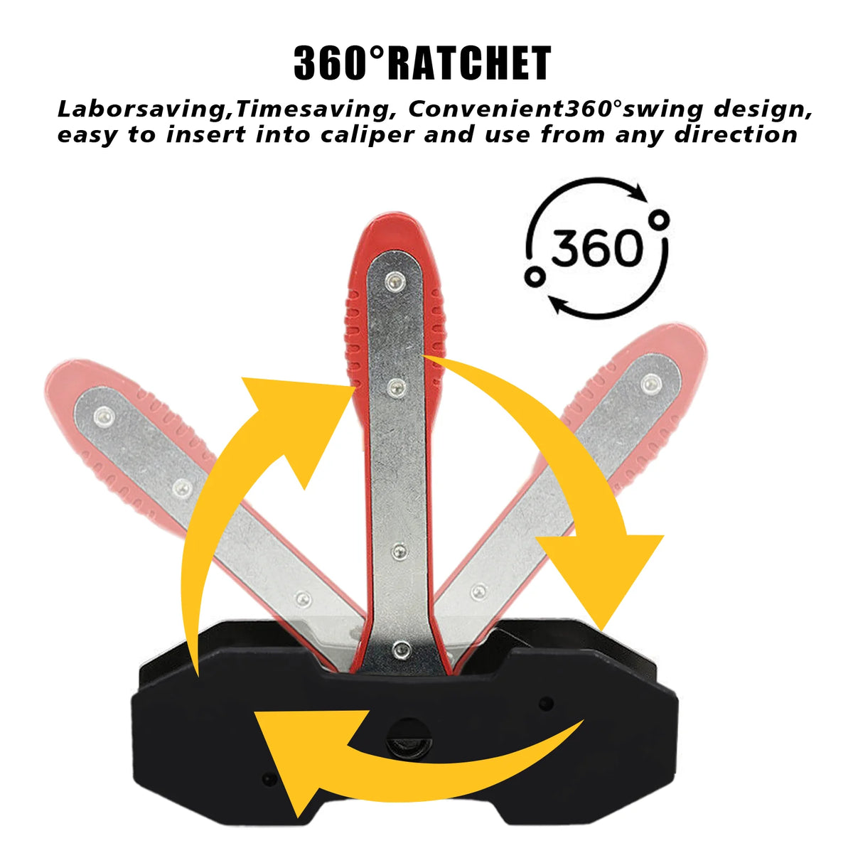 A heavy-duty brake caliper piston spreader tool with a 360 degree ratchet design shown in action.