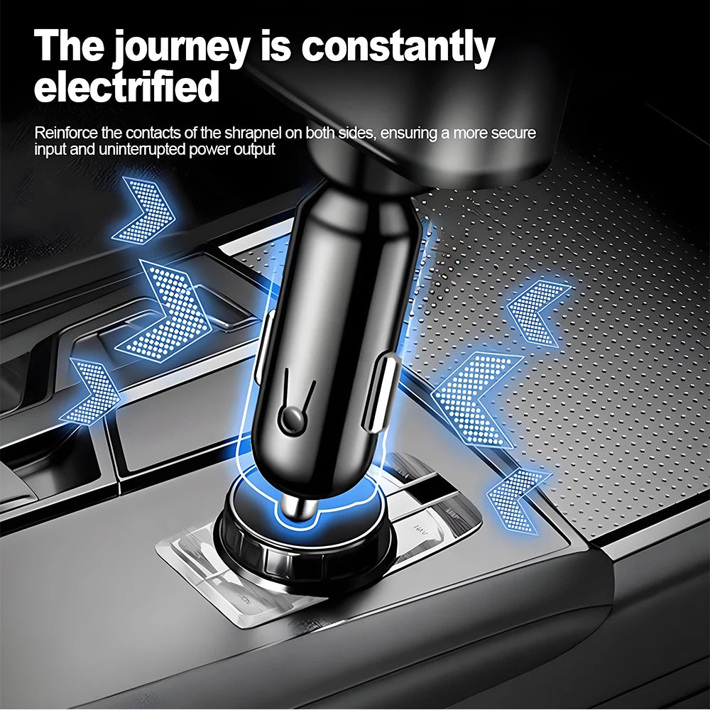 Close-up of a black retractable car charger being inserted into a port, showing electrical contacts and blue light.