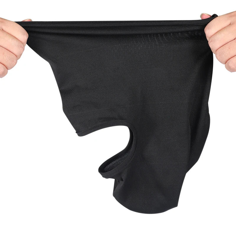 Black all-weather windproof balaclava face mask for motorcycling being held by hands