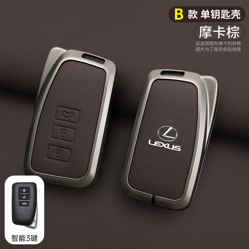 A pair of Lexus car key covers, one in a dark brown color and one silver, shown with a smart three-way connection device.