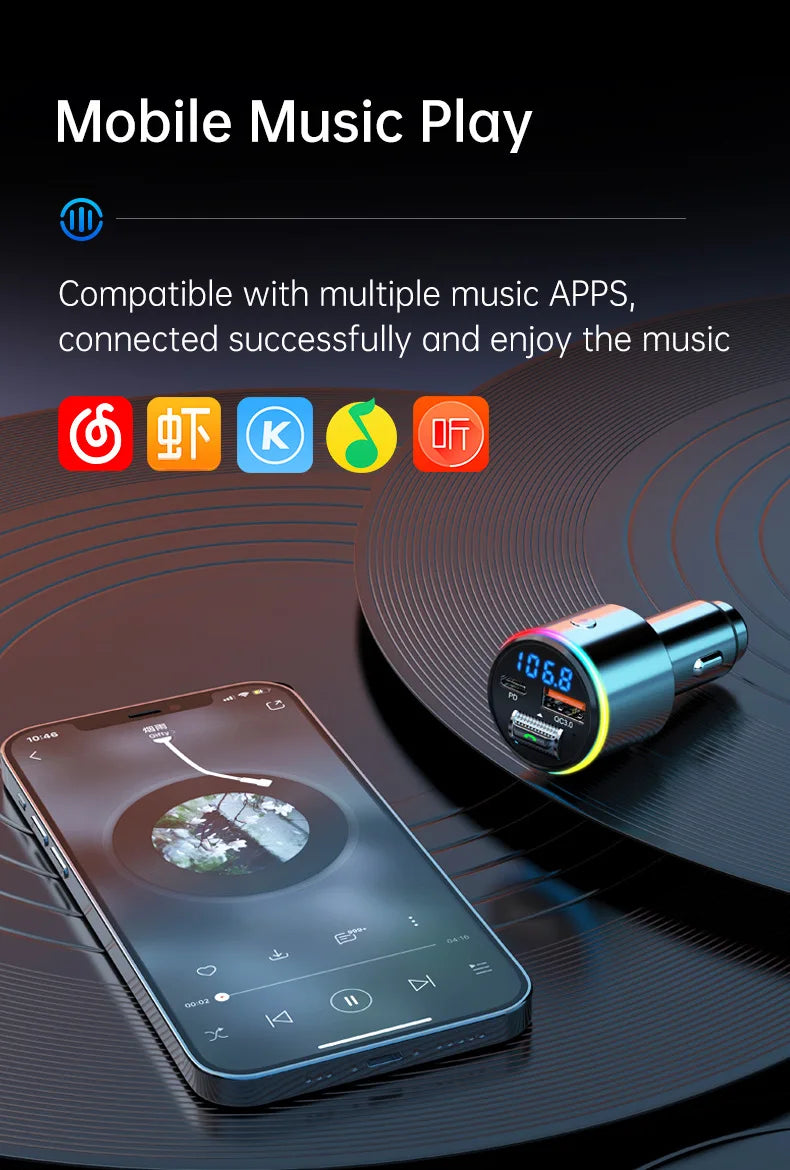 A smartphone is shown next to a Bluetooth FM transmitter device resting on a vinyl record.