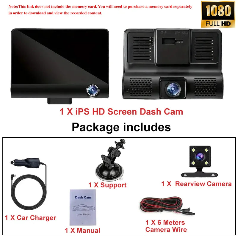 A black IPS HD screen dash cam package including a support, rearview camera, charger, manual, and wire.