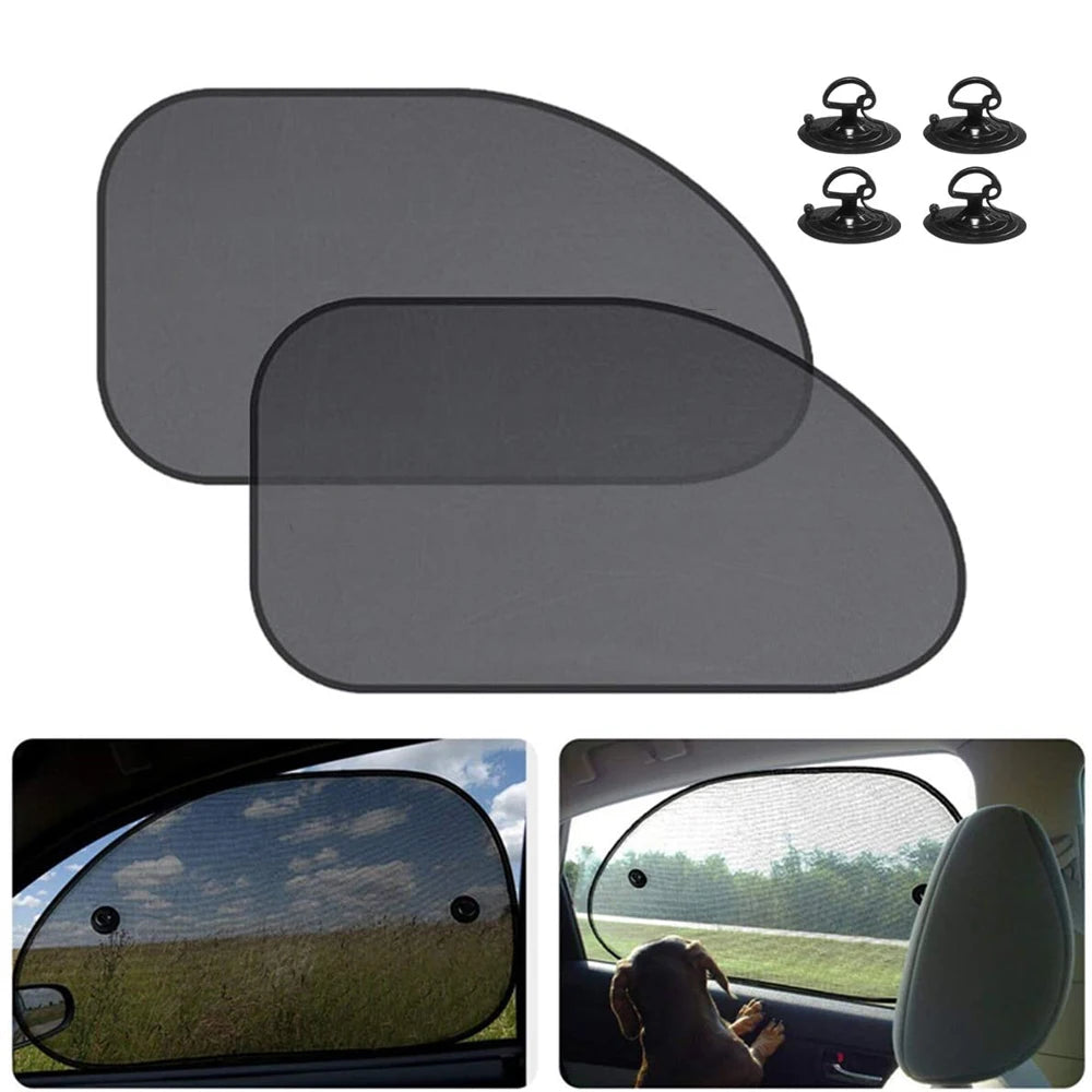 Pare-soleil universel pour pare-brise de voiture, montré en différentes tailles et exemples d'installation.