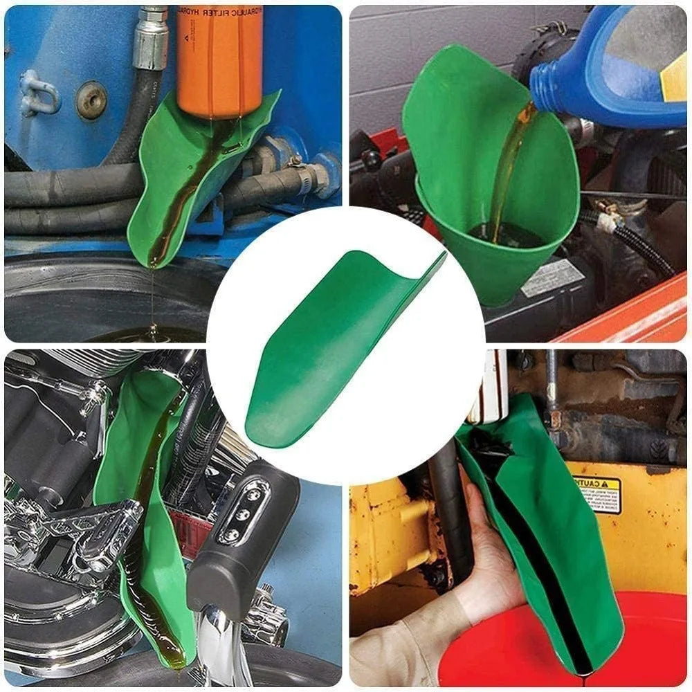 A green flexible drain oil guide plate is shown in various contexts, including a kitchen sink and engine components.