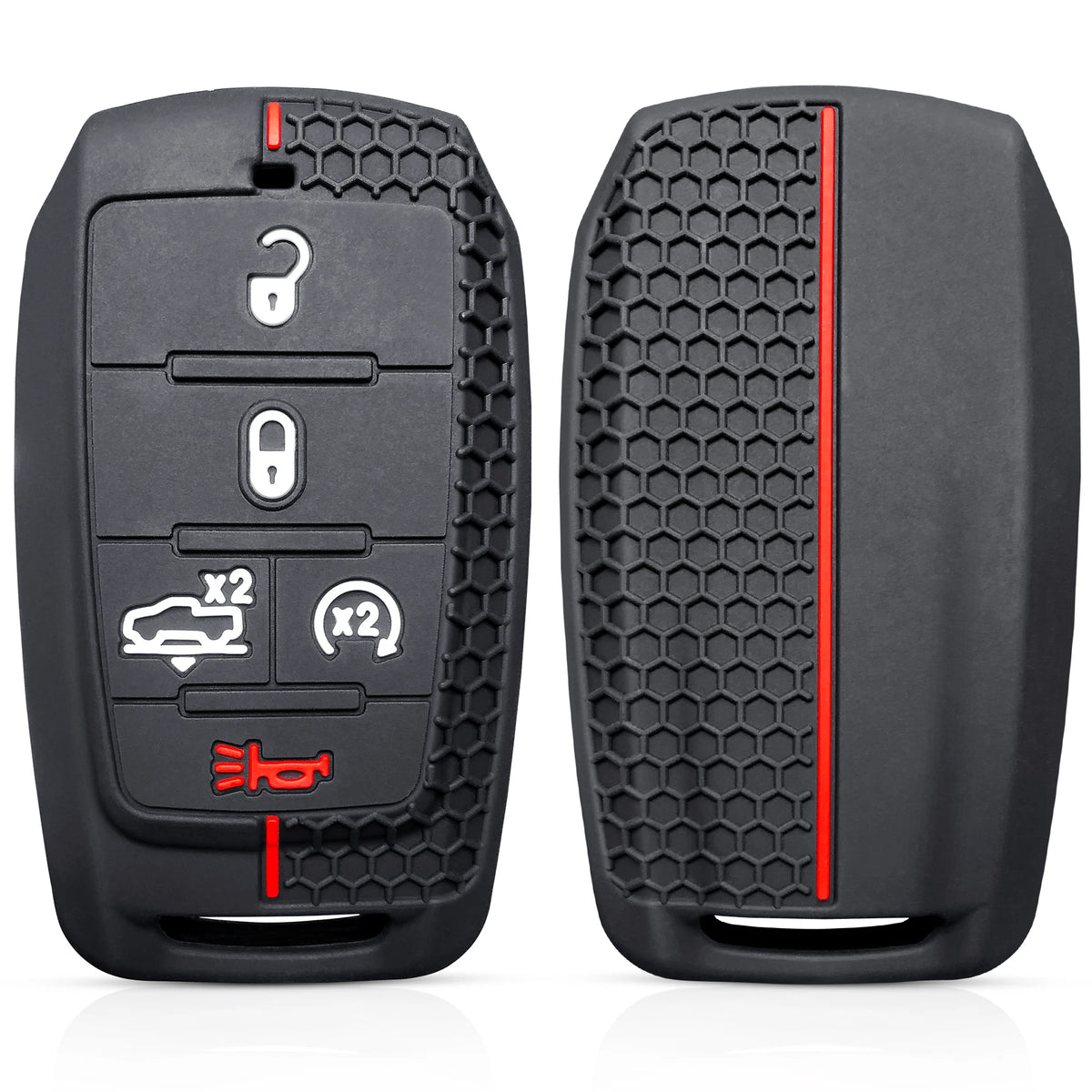 Black silicone key fob cover for a Dodge Ram 1500/2500/TRX vehicle showing various buttons