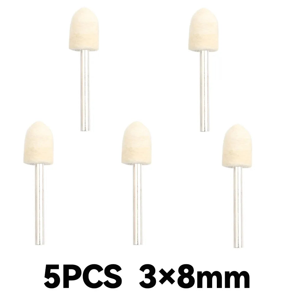 Five natural beige wool felt polishing buffing wheels with metal shafts