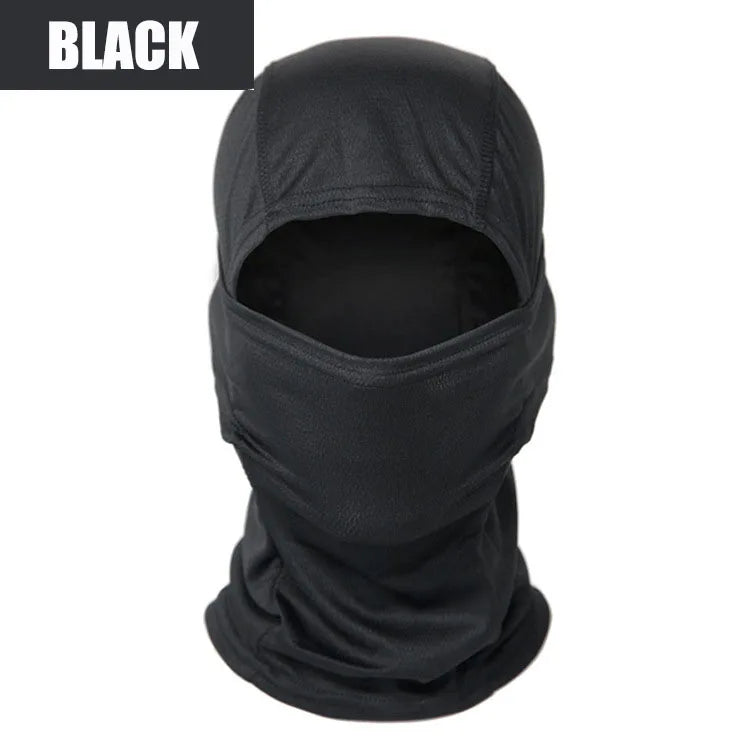 Black tactical balaclava full face mask with a hood and face covering.