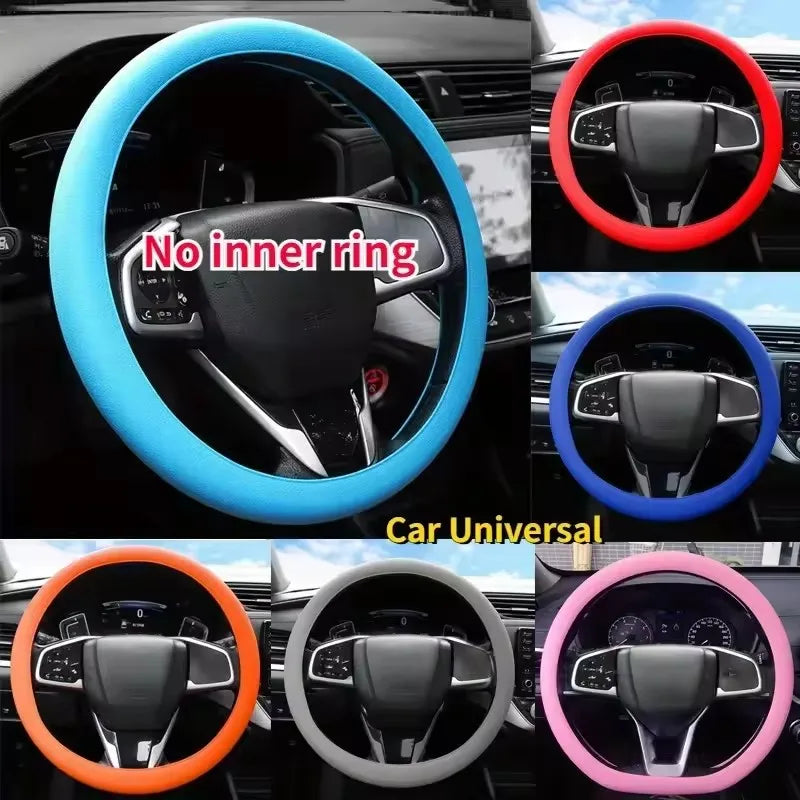 Various colored silicone steering wheel covers for car universal fit including blue, red, purple, and orange options