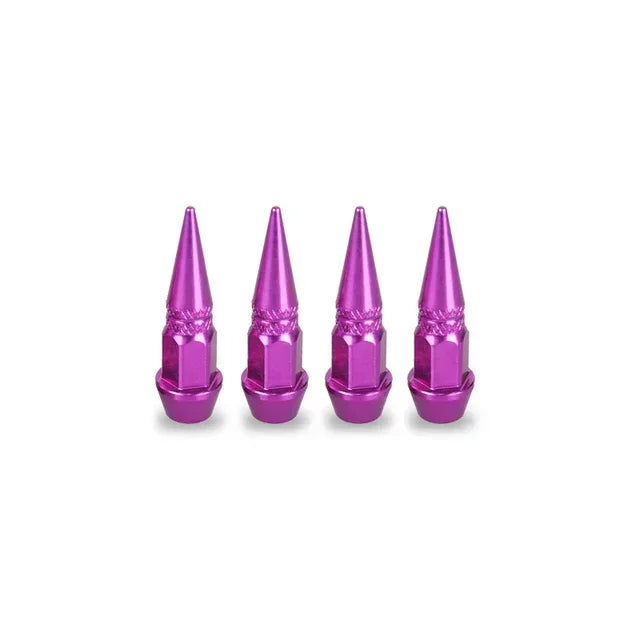 A set of four metallic purple aluminum tire valve stem caps.