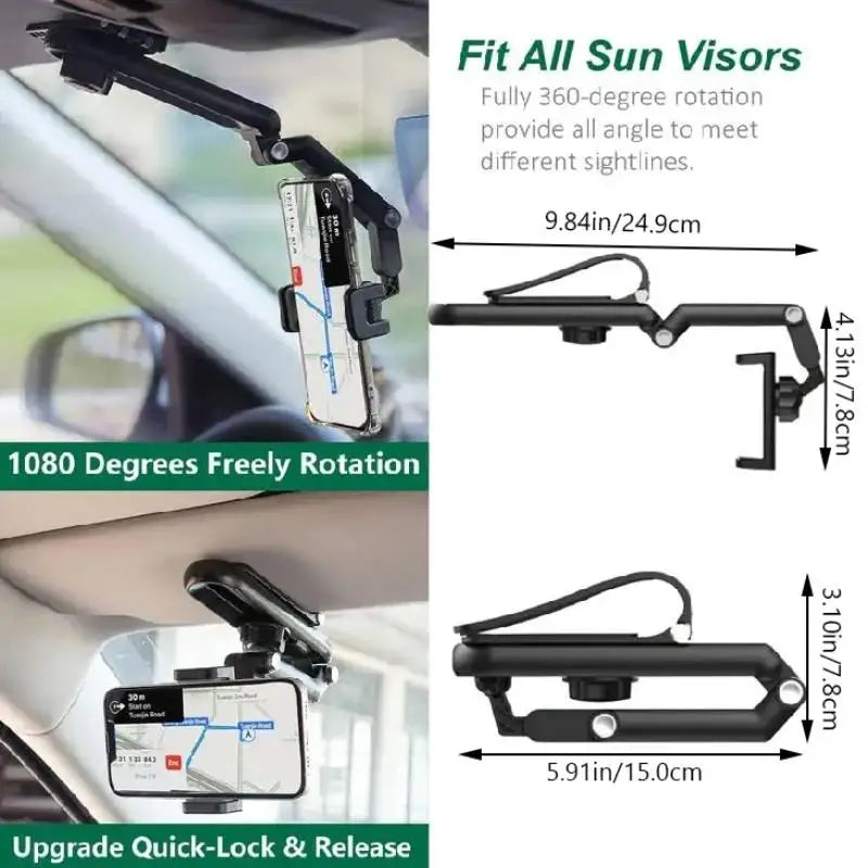 A black 360-degree rotating phone mount designed to fit all sun visors in a car.