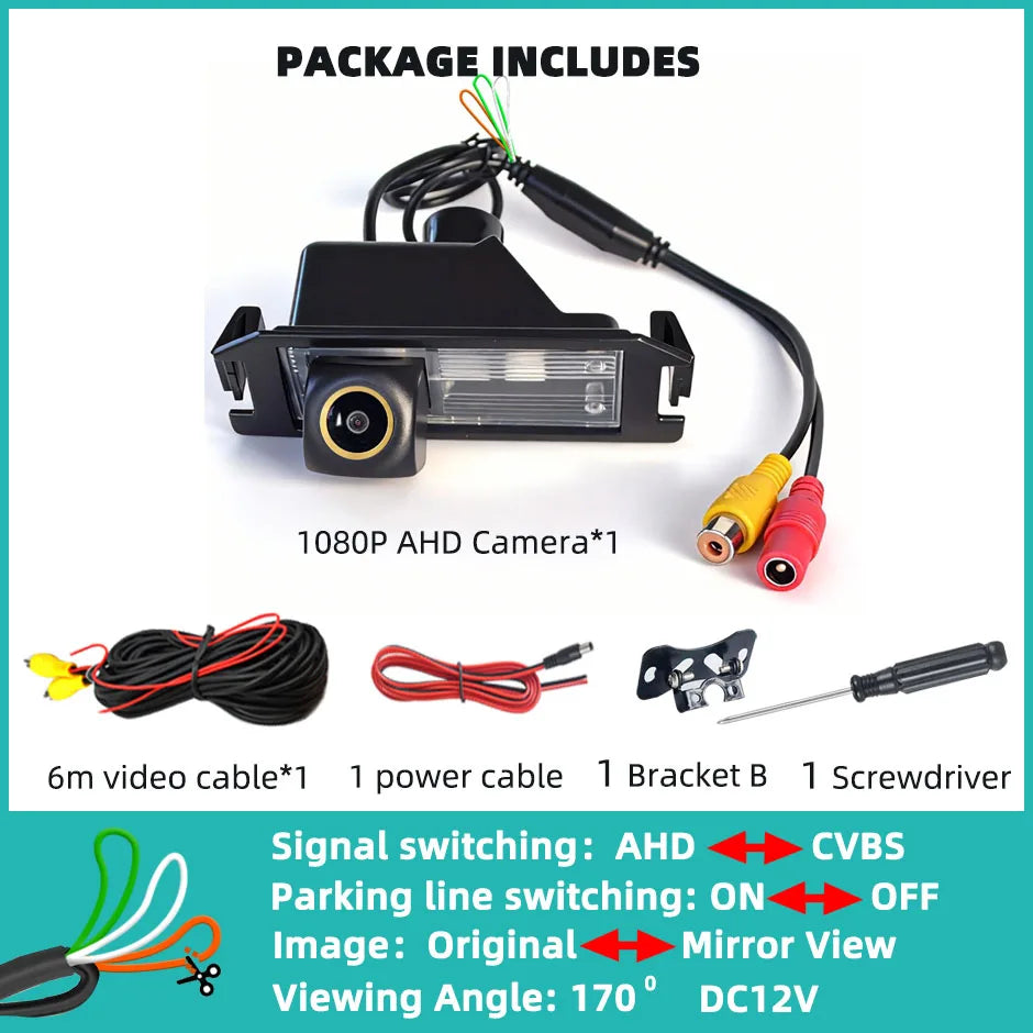 Package includes a 1080P AHD camera, power cable, bracket, screwdriver, and various switching cables for a backup camera.