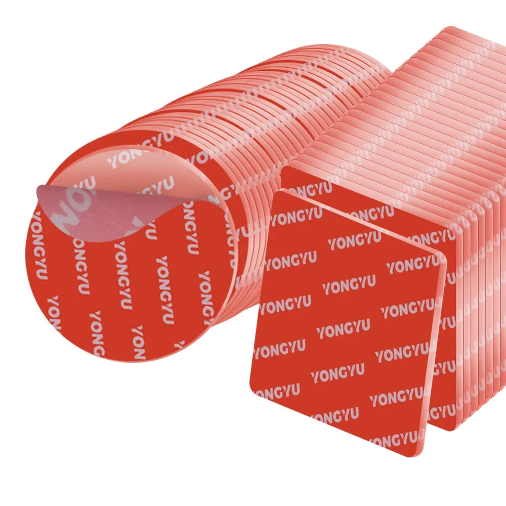 A stack of red adhesive pads, packaged in clear plastic, showing the product for various surfaces.