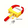 A yellow and red heavy duty adjustable tire lock with a pointed tool is shown against a white background.