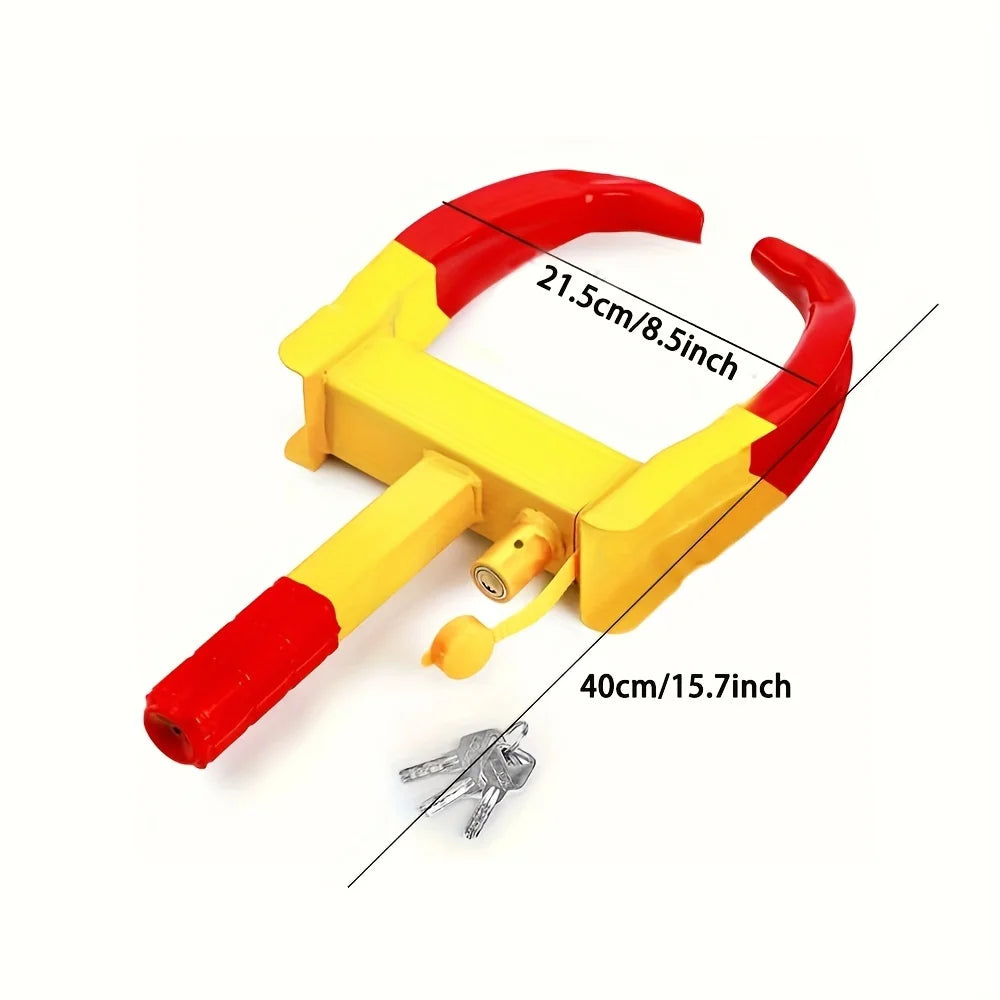 A yellow and red heavy duty adjustable tire lock with a pointed tool is shown against a white background.