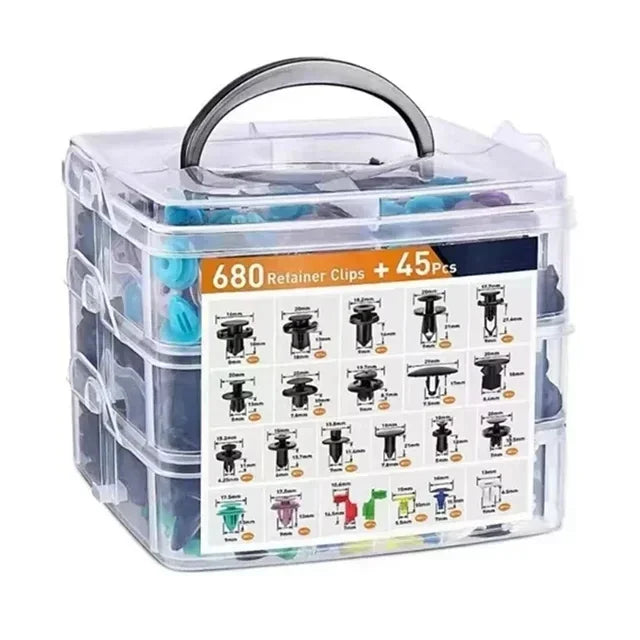 Clear plastic storage box containing 680 retainer clips and 45 pieces of fasteners.