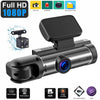 Caméra dashcam noire avec objectif, support et options d'enregistrement photo, capteur et vidéo.