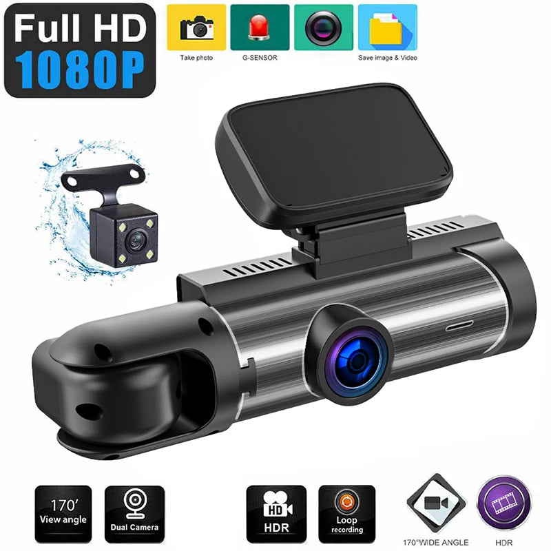 Caméra dashcam noire avec objectif, support et options d'enregistrement photo, capteur et vidéo.