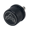 Black aftermarket motorcycle seat and fender bolts with a textured surface and a silver logo.