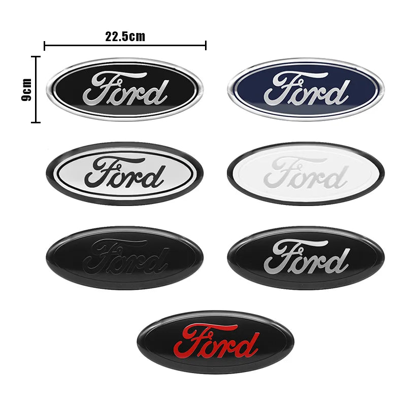 Set of various Ford aluminum hood and trunk emblem badges and stickers in different finishes